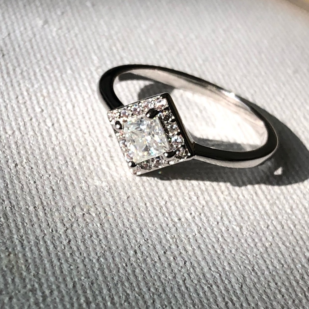Silver Halo Square-Cut Moissanite Ring